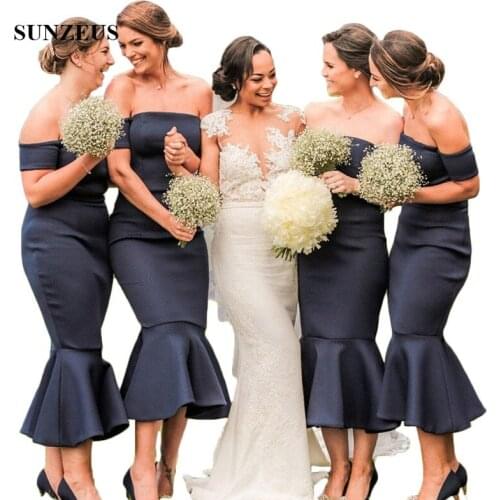 Off the Shoulder Mermaid Bridesmaid Dresses Boat Neck Black Satin Wedding Party Dresses Tea-Length vestido dama honor SBD161