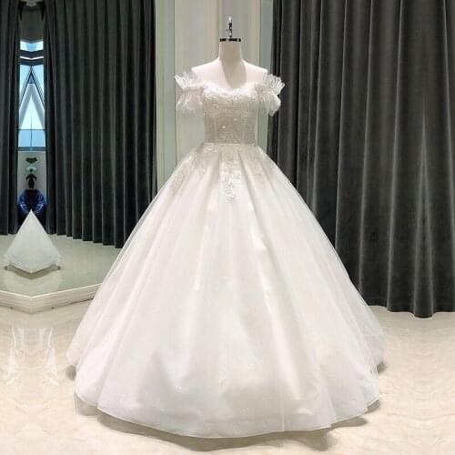 SL-8242 simple ball gown wedding dress 2021 elegant puff sleeve beads bridal wedding gowns for bride dresses ladies