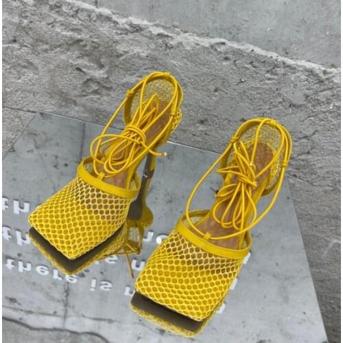 New Nude black Net Mesh brand Shoes High heel Sandals Women square toe Ankle Strap Summer Sandals Sexy lace up Party Shoes Woman