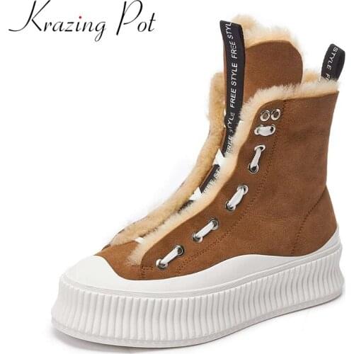 Krazing Pot fur round toe flat platform snow boots winter keep warm new style beauty lady streetwear fashion hot ankle boots L05