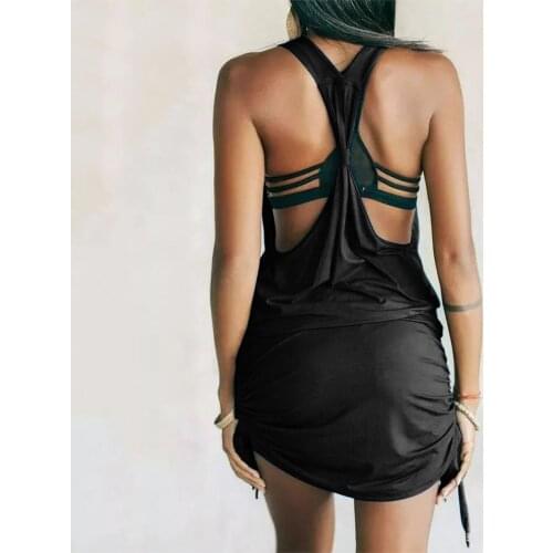 Sexy Shirring Party Dresses For Women Deep V-neck Sleeveless Open Back Drawstring Tank Mini Dress Summer Sundress Robe Femme #35