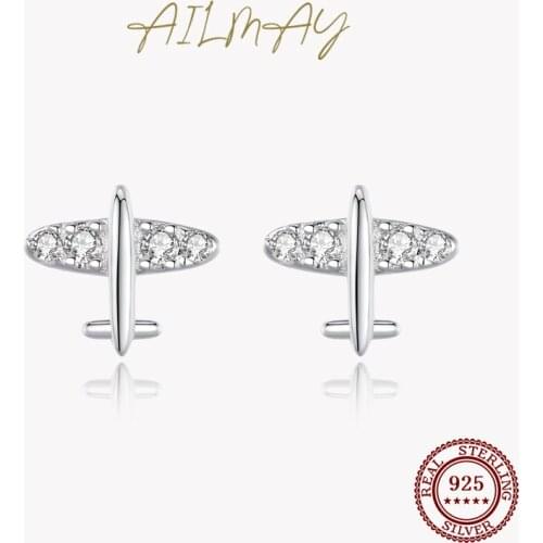 Ailmay Genuine 925 Sterling Silver Plane Simple Exquisite Clear Zircon Stud Earrings for Women Fashion Ear Pin Fine Jewelry