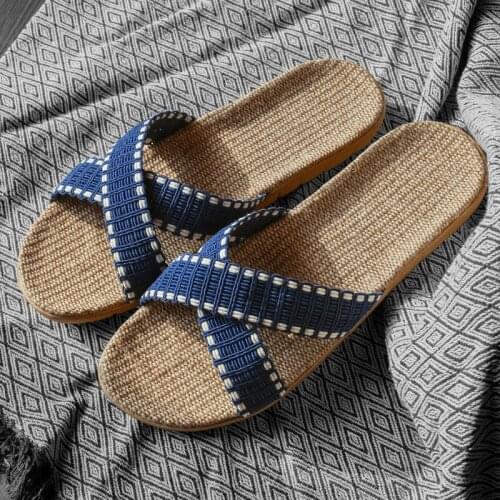 Mens Summer Cross Linen Slippers Women/Man Flax Slides Indoor Couple Home Shoes Female/Male Beach Flip Flops Bathroom Sandals