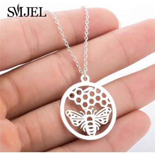 SMJEL Stainless Steel Charm Silver Color Necklaces Honeycomb Bee Animal Pendant Choker Necklace Jewelry Party Prom Gift