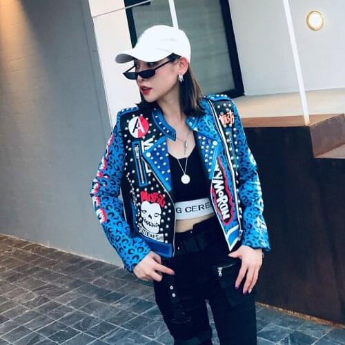 2020 Autumn Jacket Rivest Beading Leopard Print Cool Punk Pu Leather Top Quality Women Coat Chaqueta Mujer