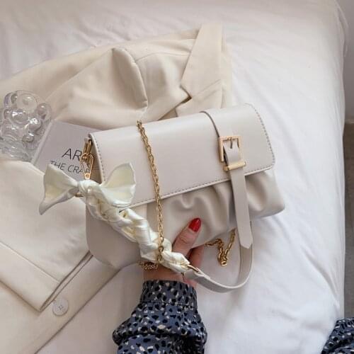 PU Leather Handbags for Women 2021 Luxury Designer Shoppers Wallets Fashion Silk Scarf Bow Chain Pleated Underarm Crossbody Bags