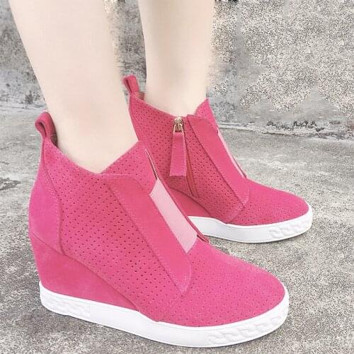 Women High top Perforation Suede Leather Zip Sneaker Thick Sole Short Bottines Height Increased Platform Heel Casual Shoes