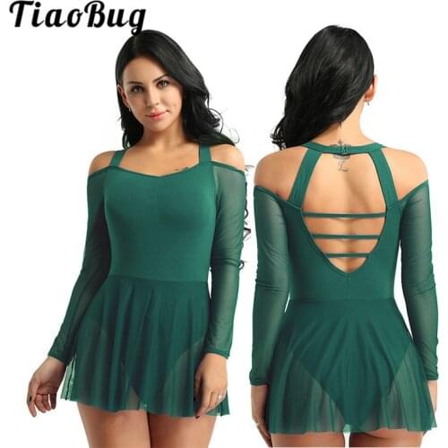 TiaoBug Women Ballet Leotards Off The Shoulder Long Sleeve Halter Ballet Tutu Dress Gymnastics Leotard Lyrical Dance Costumes