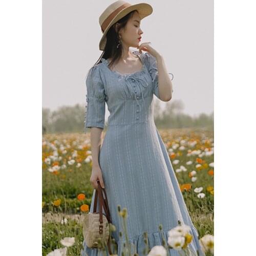Cottage Style Women Prairie Dress Vintage Light Blue Jacqard Dark Fringe Square Collar Puff Sleeve Princess Dresses Summer