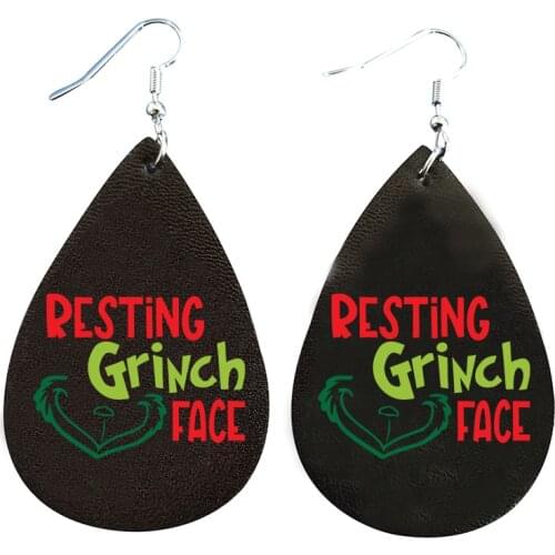 2021Glitter Christmas Resting Grinch Face Earrings Color Faux Leather Two Layers Thanks Giving Gift Double Print Bulk Order