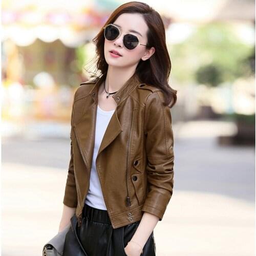 Wild motorcycle leather womens spring autumn new fashion plus size PU leathers jackets short overcoat womens tops