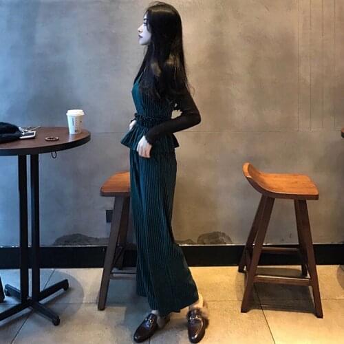 Elegant Wide-Leg Pants Suit Female Three-Piece Turtleneck Bottoming Shirt Velvet Spaghetti Straps Elastic Waist Wide Leg Pants
