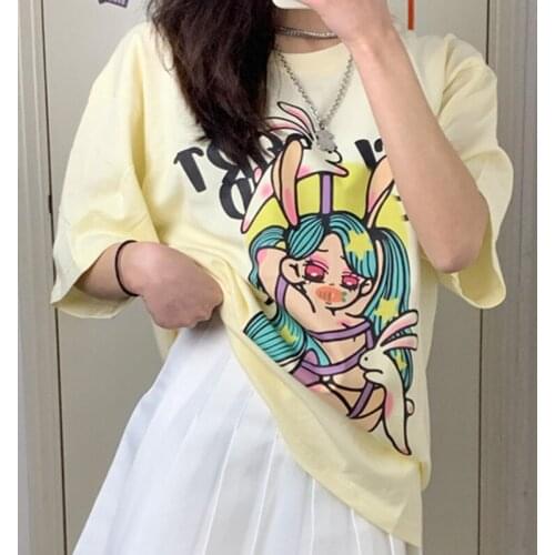 Japanese Fun Anime Brand T Shirts Women 100%Cotton Loose Streetwear Summer Tshirts 2021 New O-Neck Retro Female Tops Harajuku