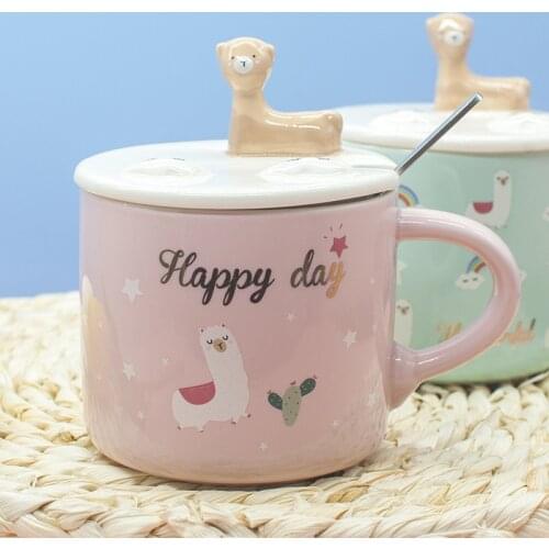 Ceramic Cup Hot Selling Alpaca Rainbow Ins Wind Mug Milk Cup Breakfast Cup Japanese Cactus Cartoon Mug Coffee Cup Mug with Lid