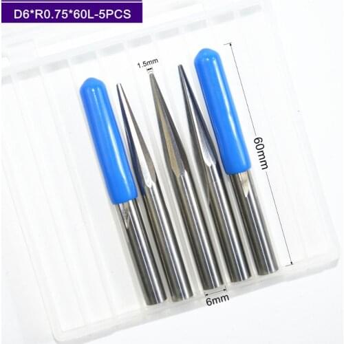 6mm*R0.75*60L,5pcs,Free shipping Taper Ball nose End Mill,CNC milling Cutter,Solid carbide tool,woodworking router bit