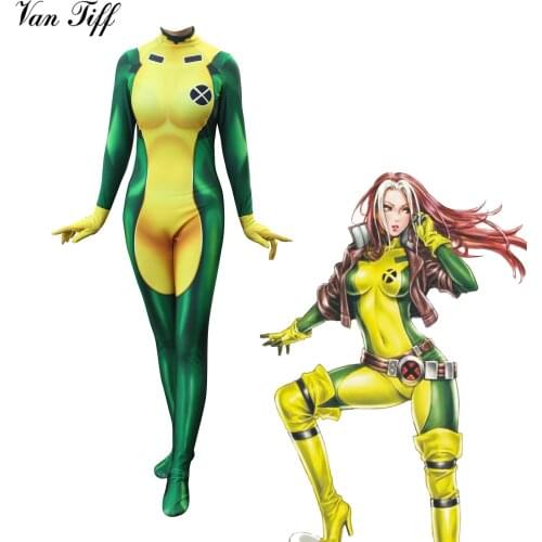 Superhero X-Men Rogue Anna Marie Halloween Party Cosplay Costume Zentai Women Bodysuit Spandex Jumpsuit Suit Adult Kids Clothes