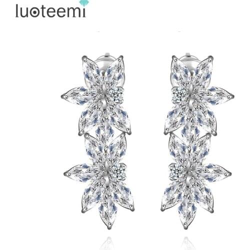 LUOTEEMI New Fashion Luxury Austria Crystal Zircon Wedding Jewelry White Gold-Color CZ Stone Flower Bridal Earrings