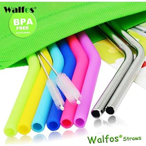 WALFOS Reusable Silicone Drink Straws For 30 & 20 OZ Tumblers Mugs - (6 Silicone + Stainless Steel Straw +2 Cleaning Brushes)