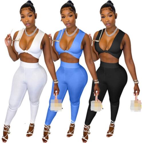 Fashion Two Piece Set Summer Women Solid Color Sleeveless Knot Sports Streetwear Pants Matching Suit