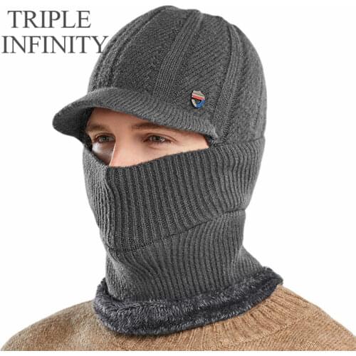 TRIPLE INFINITY New Winter Mens Hat Warm Ear Protection Windproof Male Scarf Face Mask Integrated Knitted Hat Sun Visors Caps