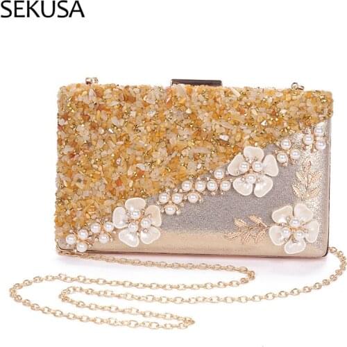 Shell Women Evening Bags Beading Party Handbags Stone Leaf Golden Small Day Clutches With Satin Purse