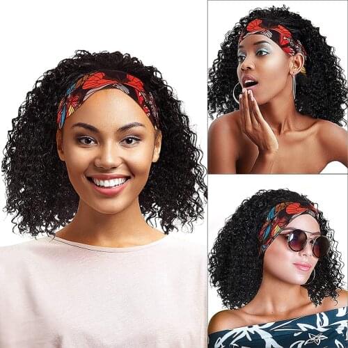 Headband Wig for Black Women Synthetic Afro Curly Heat Resistant Wigs Natural Black With Free Scarf