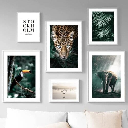 Jungle Cheetah Elephant Toucan Nordic Posters And Prints Monstera Leaf Green Art Canvas Painting Wall Pictures Living Room Decor