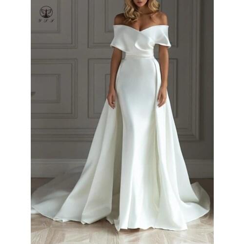 Simple but Elegant Off the Shoulder Sweetheart Short Sleeve Sheath Wedding Dresses with Overskirt