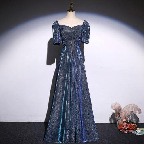 Luxurious Strapless Evening Dress Short Sleeves Pleat A-Line Lace Up Sequins New Floor-Length Party Formal Dresses Woman B1063