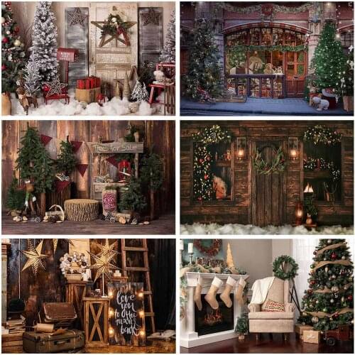 Christmas Rustic wood photography backdrop Christmas tree fireplace photo studio sock gifts newborn portrait photo background