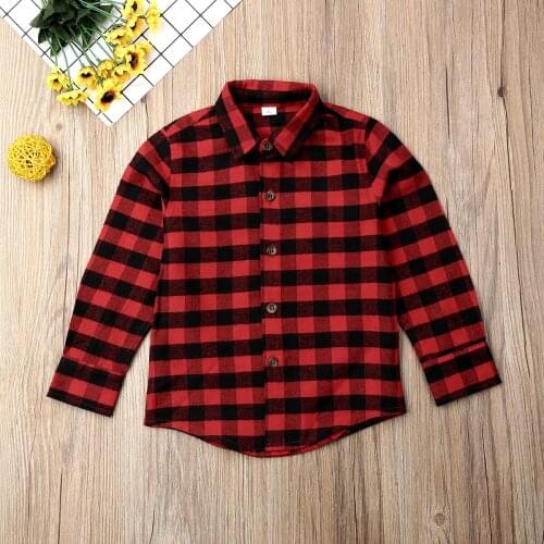 Pudcoco 2-7Y Casual Cotton Newborn Toddler Baby Boy Girls Long Sleeve Turn-down Collar Plaid Red Shirts Back Letter Outfit