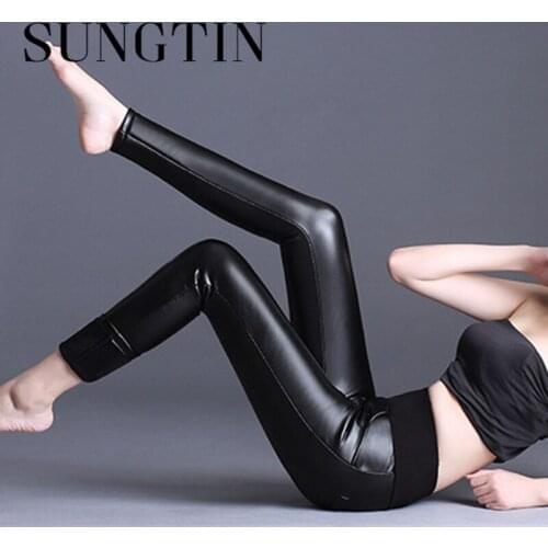 Sungtin PU Leather Pants Women Plus Size 2021 Women Soft PU Pants Warm Stretch Skinny Trousers Pencil Leather Leggings Retro New