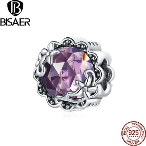Bisaer Vintage 925 Sterling Silver Purple Glass - Colored Stone Zircon Pattern Round Bead Charm Fit Bracelet DIY Jewelry ECC1796
