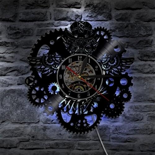 Vinyl Record Wall Clock Modern Design 3D Decorative Steampunk Clock with 7 Different Color LED Change Gear Wall Watch Home Decor