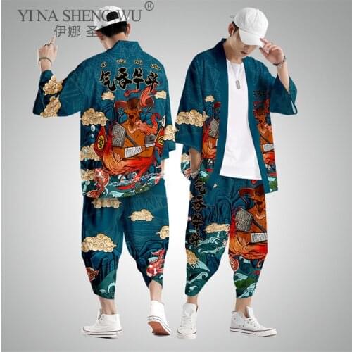 Japanese New Fashion Kimono Traditional Clothing Pants Men Coats Asian Harajuku Kimono Set Beach Jacket Oversize XS-6XL Costumes