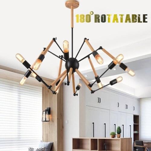 Iron art Retro extension-type solid wood spider chandelier for coffee shop livingroom dining cafe bar led lightl adjustable lamp