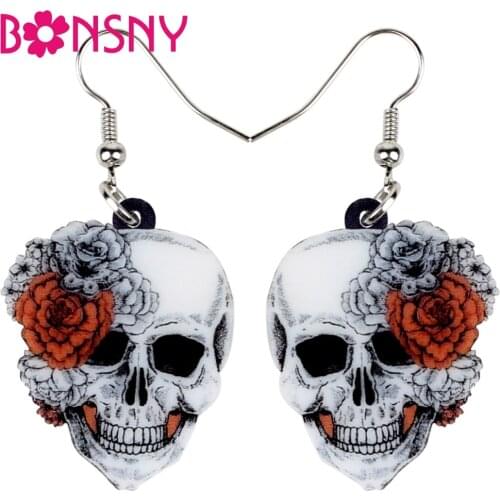 Bonsny Acrylic Halloween Rose Flower Skull Earrings Drop Dangle Big Long Fashion Punk Jewelry For Women Girls Ladies Accessories