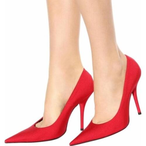 Moraima Snc Sexy Pointed Toe Satin High Heel Shoes Woman Thin Heels Pumps Shallow Slip On Party Dress Heels Red Black Purple