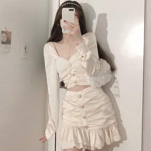 Casual Satin Two Piece Dress Set For Women White O-neck Button Top Bandage Mini Pencil Skirts Outfits Fashion Party Suit