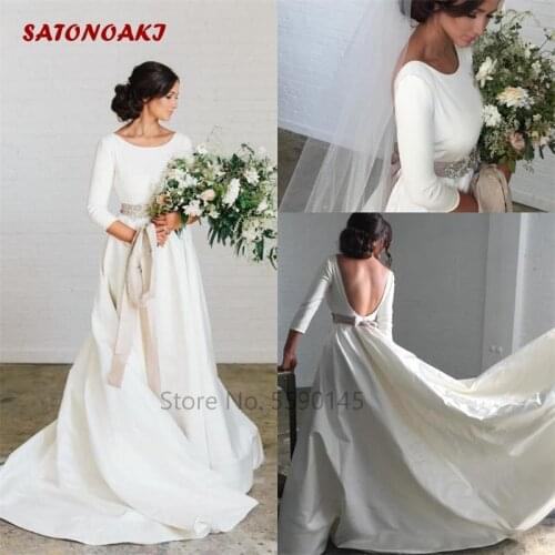 Chic Country Style Satin Wedding Dress 2020 Backless Bridal Gown With 3/4 Sleeves Beaded Bow Sash Court Train Vestido De Novia