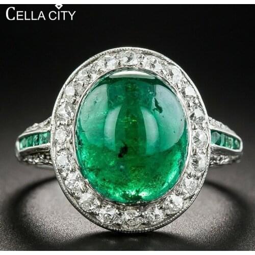 Cellacity Emerald Ring for Women Silver 925 Jewelry with Gemstones Oval shaped Vintage Ethnic style Anniversary Gifts Wholesale
