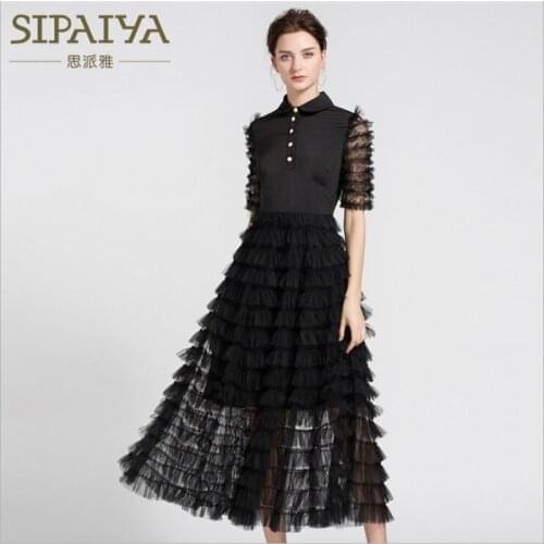 SIPAIYA Brand Quality Fit and Flare Women Long Dress Mesh Patchwork Button Decoration High Waist Slim Lady Elegant Party Dresses