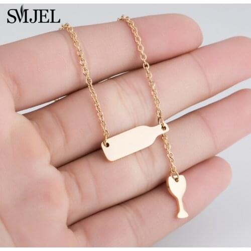 SMJEL New Bottle Wine Cup Necklaces Women Stainless Steel Lariat Y Style Sweater Necklaces Long Chain Accessories Jewelry
