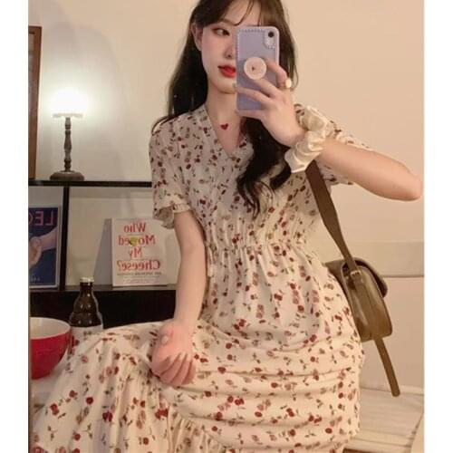 French Prairie Chic 2021 Women Fashion Short Sleeve V-Neck Flower Print Patchwork Bandage Dress Casual Summer Boho Vestidos