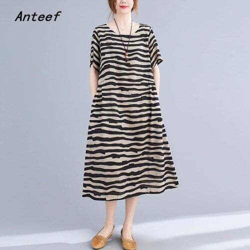 Short sleeve cotton vintage stripe dresses for women casual loose long woman summer dress elegant clothes 2021