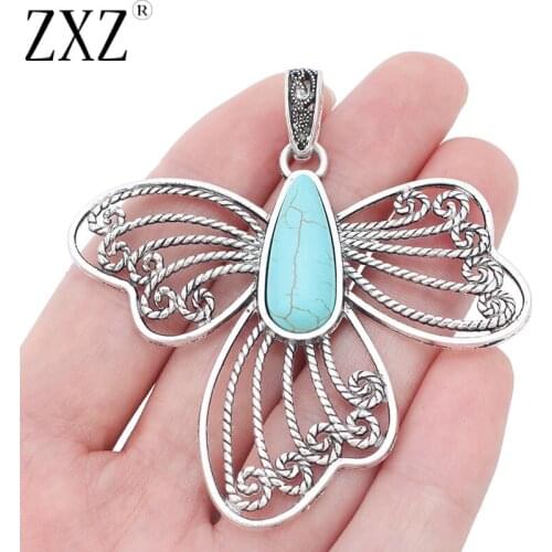 ZXZ 5pcs Large Butterfly Insect With Faux Turquoise Stone Charms Pendants for Necklace Jewelry Making 69x60mm