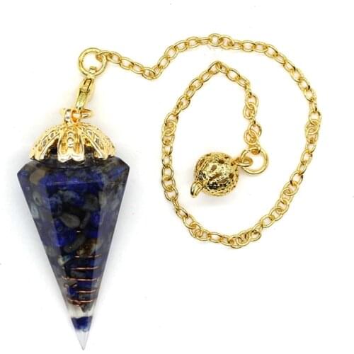 100-Unique 1 Pcs Light Yellow Gold Color Hexagon Pyramid Lapis Lazuli Orgonite Pendant Link Chain Resin Jewelry