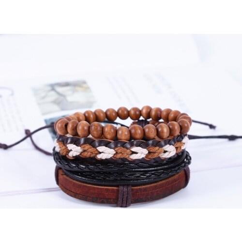4pcs/set hippie punk black dark brown leather brown beige cord knots Layers stackable wrap wide Bracelet Bangle for man