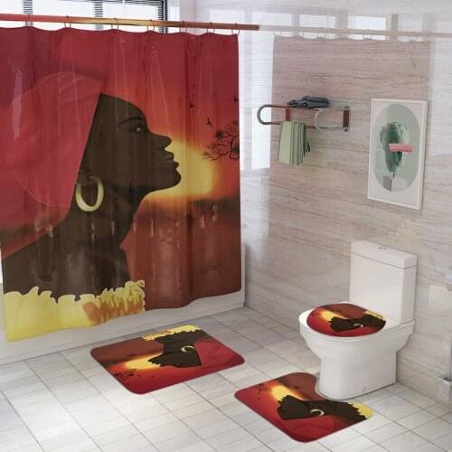 African American Women Pedestal Rug Lid Toilet Cover Mat Non-Slip Bath Carpet Set Fabric Shower Curtain Bathroom Curtains