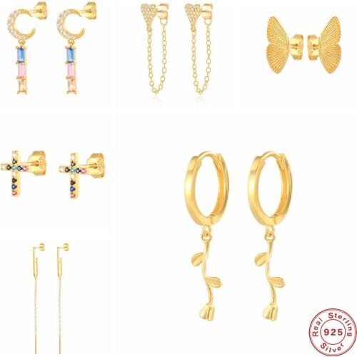 GS 925 Sterling Silver Rose Branch Charm Stud Earrings For Women Colorful Zircon Heart Cross Butterfly Ear Studs Pendiente